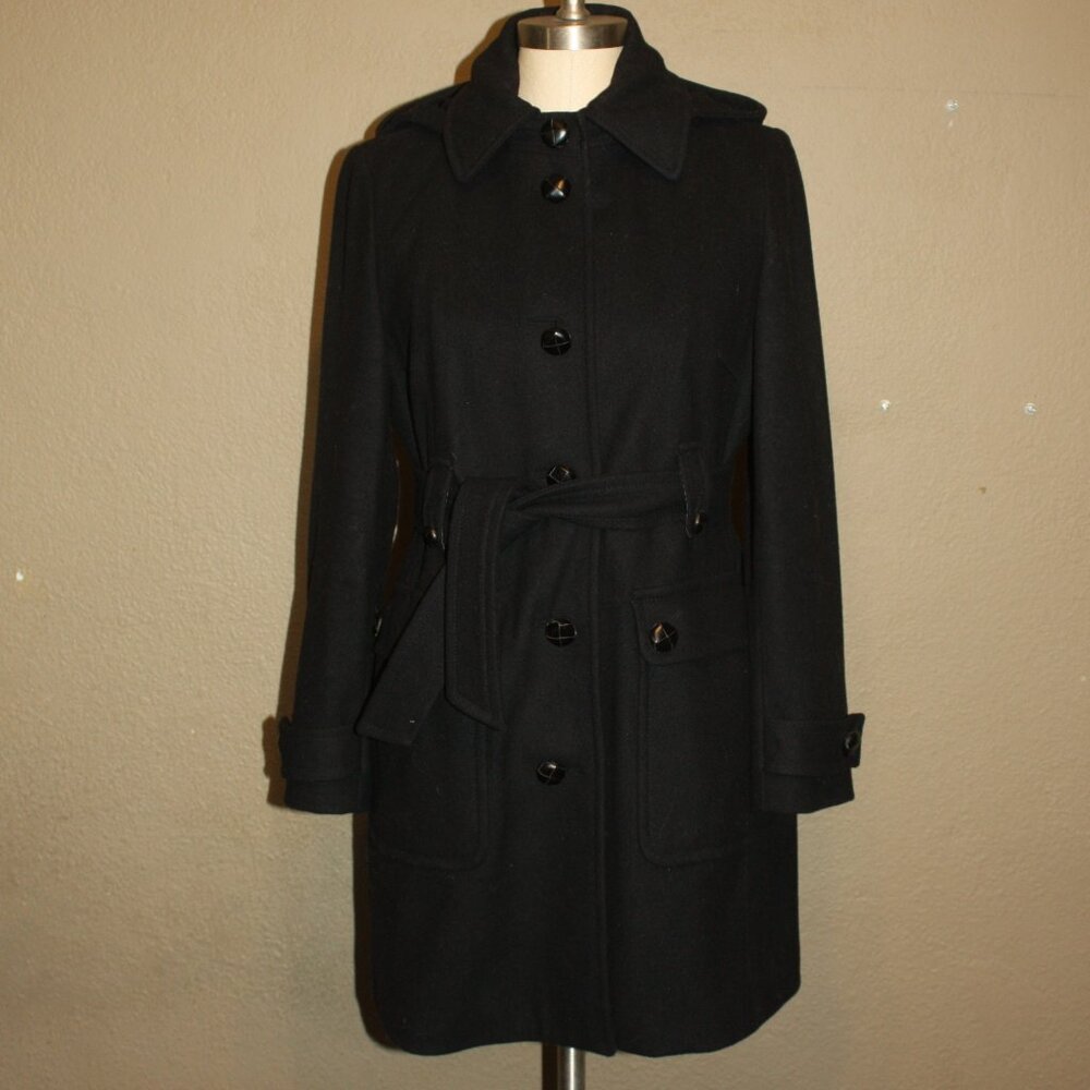 J.CREW BLACK WOOL PEA COAT TRENCH HOODED BELTED FULLY LINED - PETITE MEDIUM 2 4